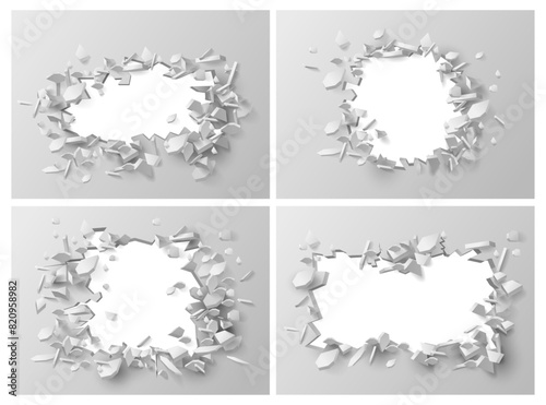 Exploding wall with fractures and breaks, falling plaster, building concrete or bricks. Vector isolated realistic copy space revealed on destroyed wall. Demolition and rebuilding, broken hole