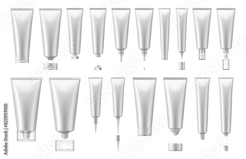 Blank tubes and bottles mockup for product name. Vector isolated realistic container for cosmetics and healthcare goods. Scrub or cream, gel or lotion for face and skin, packaging with caps