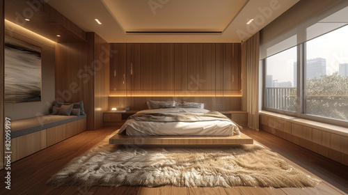 Soothing master bedroom with a minimalist platform bed, built-in wood cabinets, and a fluffy area rug. photo