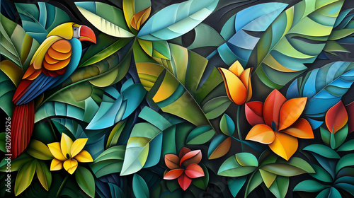 Abstract art piece showcasing a paradise garden with vibrant leaves and blossoms  painted in a contemporary style