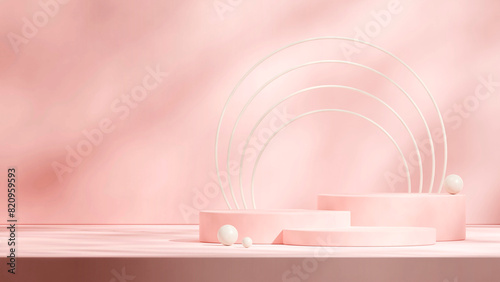 blank mockup pink cylinder podium in landscape beige ring and sphere, 3d rendering  © Faustudio