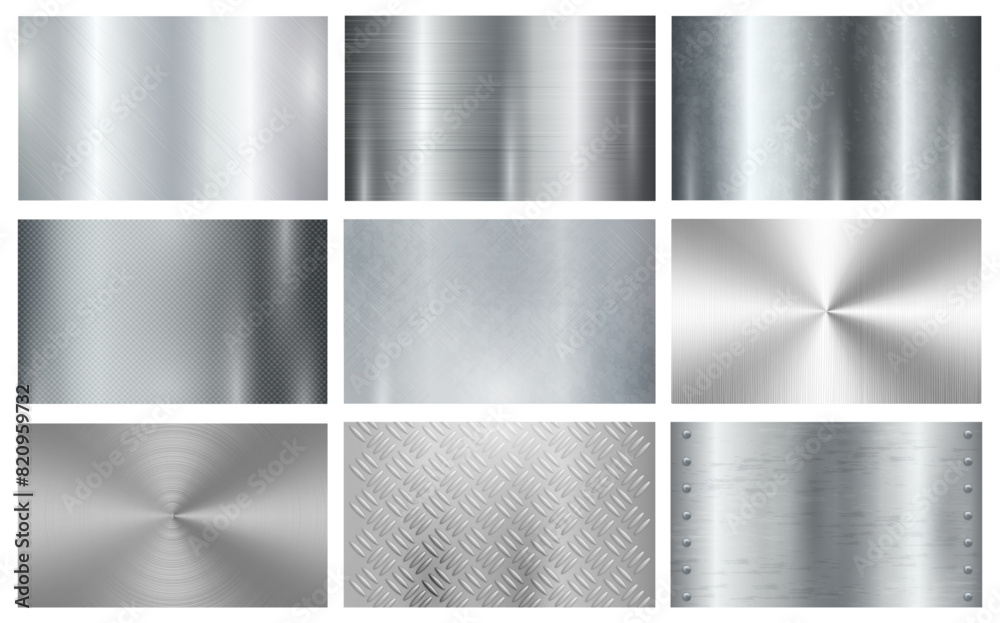 Metal surface finishing texture realistic, isolated set of plaques or samples with polished and shiny surface. Vector smooth sheet of aluminum, chrome or iron, platinum silver signboard