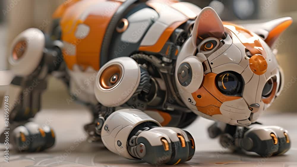 This orange and white robot cat is standing on a table. Orange and White Robot Cat on Table This orange and white robot cat is standing on a table. Orange and White Robot Cat on Table