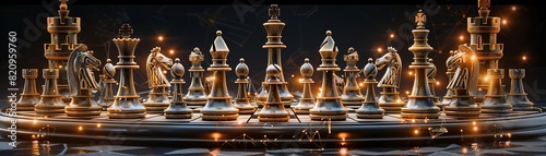 Medievalthemed chess set with knights and castles, paralleled with a corporate takeover, dark moody tones, digital art photo