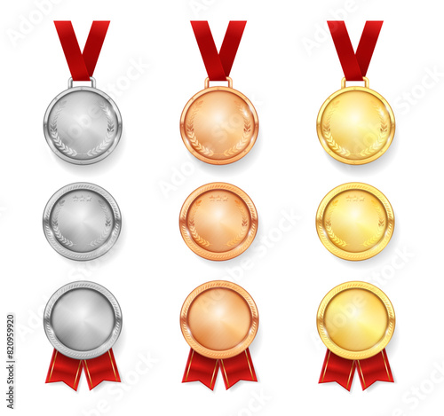 Gold, silver and bronze realistic medals mockup with ribbons, isolated winner award symbols. Vector metal reward badges, quality certificate and prize warrants for first place in competition contest