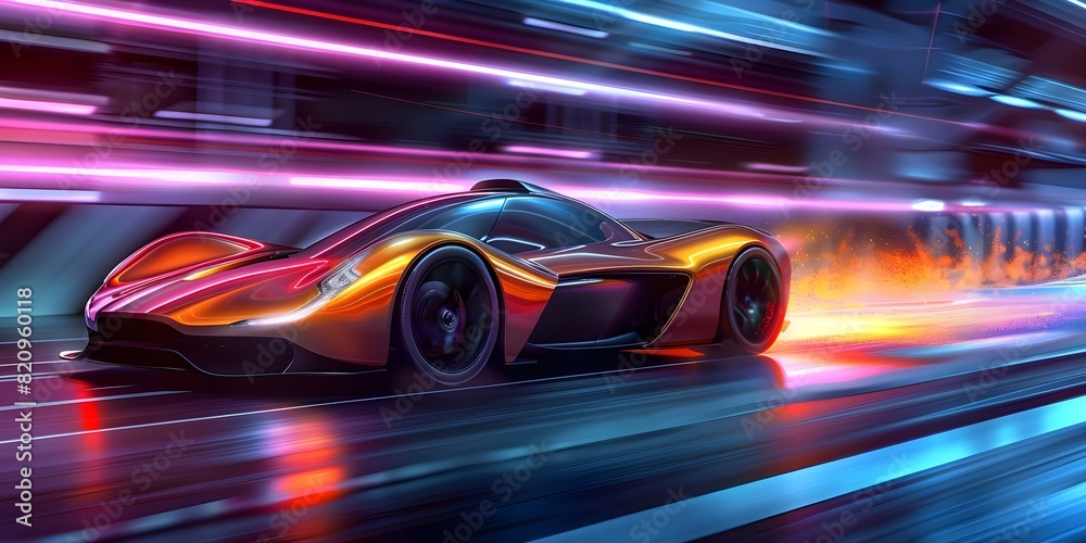 Futuristic sports car showcasing impressive acceleration on a night track. Concept Night Racing, Futuristic Cars, High Speed, Acceleration, Spectacular Lights