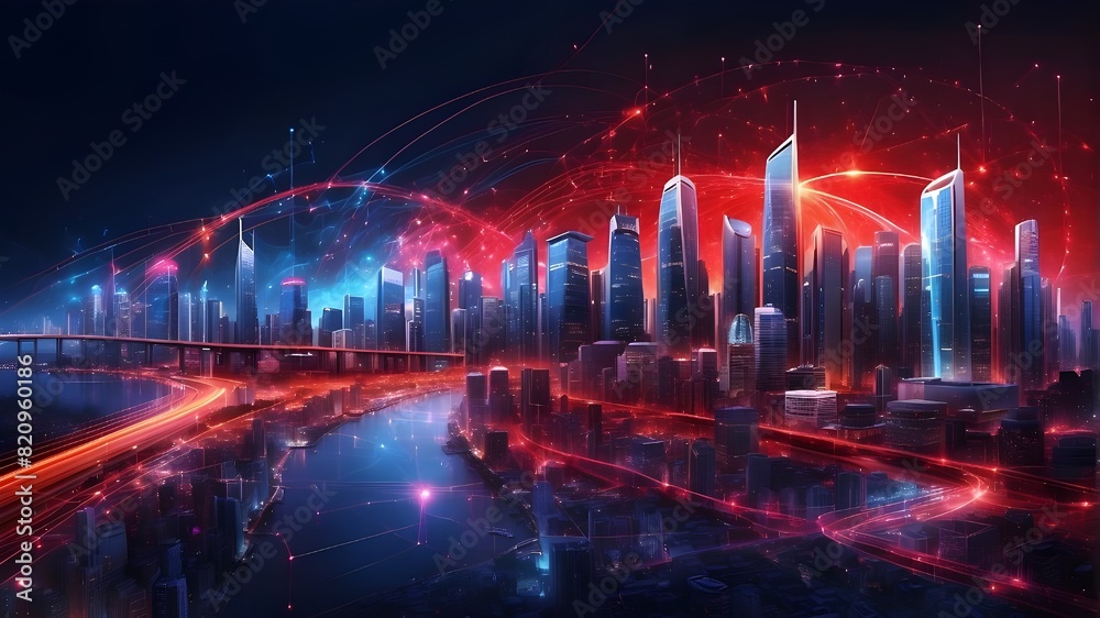An abstract gradient blue and red blazing light trail encircles the nighttime metropolis, showcasing the concept of smart city big data connectivity technology.