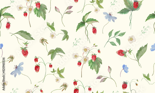 Seamless watercolor  pattern with wild strawberries. Hand drawn illustration isolated on pastel background. Vector EPS.