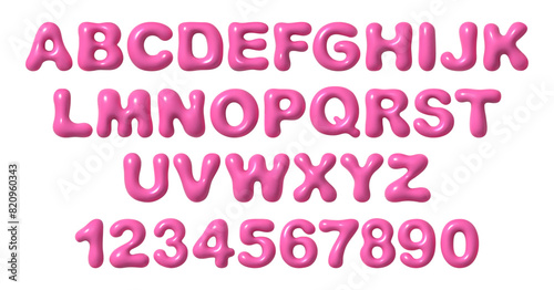 Letters and numbers in glossy pink bubble font, y2k style playful design. Vector realistic inflated balloons English alphabet and numerals. Modern letterings, holiday or party decoration