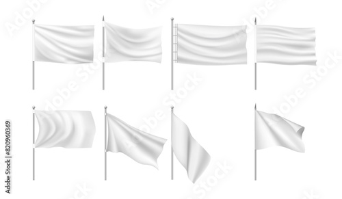 Flag or banner mockup with copy space. Vector isolated realistic fabric or textile canvas on metal pole. Blank advertising board or sign, poster or promotion, announcement or billboard stand