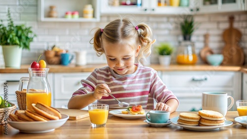 self reliance about 5year girl; enjoy her breakfast in the morning photo