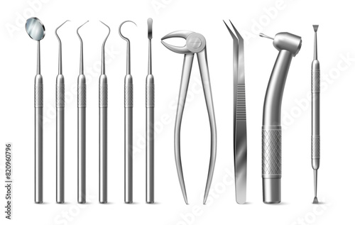 Mouth mirror and explorers, sickle probes and torque wrench, dental bur and cotton forceps, periodontal probe. Vector isolated realistic tools for treating cavities, teeth extraction instruments