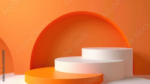 Realistic 3D orange, white steps cylinder pedestal podium set with semi circle scene background. Abstract minimal scene for mockup products display, Round stage for showcase.