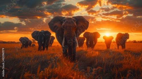 Elephant herd walking towards the camera at sunset in an African savanna.