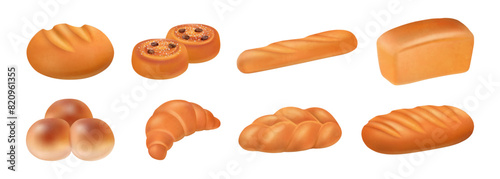 Pastry baked products variety, isolated realistic croissant and baguette, loaf of bread and buns with dried grapes. Vector fresh baking, sweets and healthy meal for eating and dieting nutrition