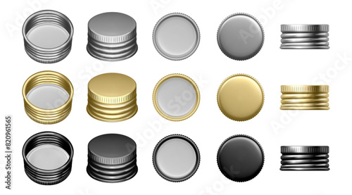Silver gold and black bottle cap screws for containers with liquids. Vector isolated set of jar lids, side and top, front and inside view. Piece with copy space for text, clear aluminum part