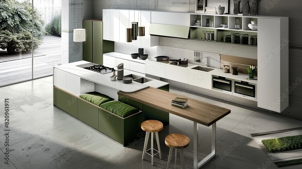 a modern kitchen, featuring cabinets, a wooden-topped central island, and wooden stools with green cushions, bathed in natural light from large windows and subtle lighting fixtures. a modern kitchen, featuring cabinets, a wooden-topped central island, and wooden stools with green cushions, bathed in natural light from large windows and subtle lighting fixtures.