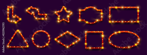 Mockup frames with red border, retro signboards with light bulbs. Vector circus or casino banners in shape of pointing arrows, stars and rectangles, triangles and rhombuses, circles and ovals