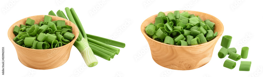 Green onion in wooden bowl isolated on the white background with full depth of field Green onion in wooden bowl isolated on the white background with full depth of field