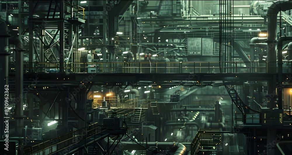 Fototapeta premium An eerie, silent assembly line, where dark machinery looms large, each component precisely in place, highlighting the meticulous and relentless efficiency of production