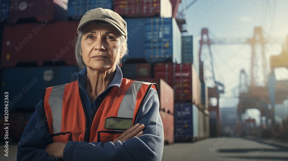Female logistics worker, port and supervisor at container warehouse Industrial import and export dock yard, transporting goods efficiently and in a timely manner Female logistics worker, port and supervisor at container warehouse Industrial import and export dock yard, transporting goods efficiently and in a timely manner