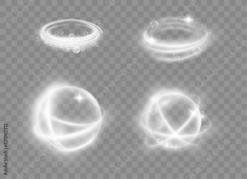 Protection and freshness, shining round effect with soft light shimmering and fresh bubbles. Vector isolated set of protective circle, frame with whirls and spiral motion. Twinkles and sparkle clean