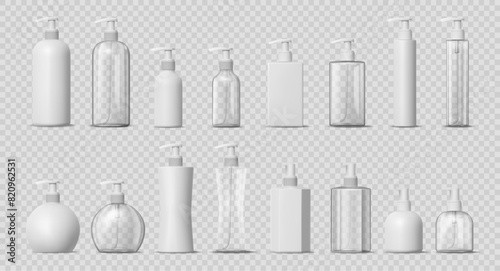 Glass or plastic bottles with pumps, isolated dispenser for cosmetics, shampoo or lotion gel. Vector set of realistic containers for cream or antiseptic, beauty products mockup template
