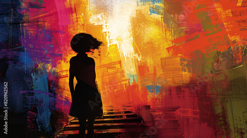 Abstract illustration of a woman exploring a famous city destination, depicted with bold brushstrokes and rich colors