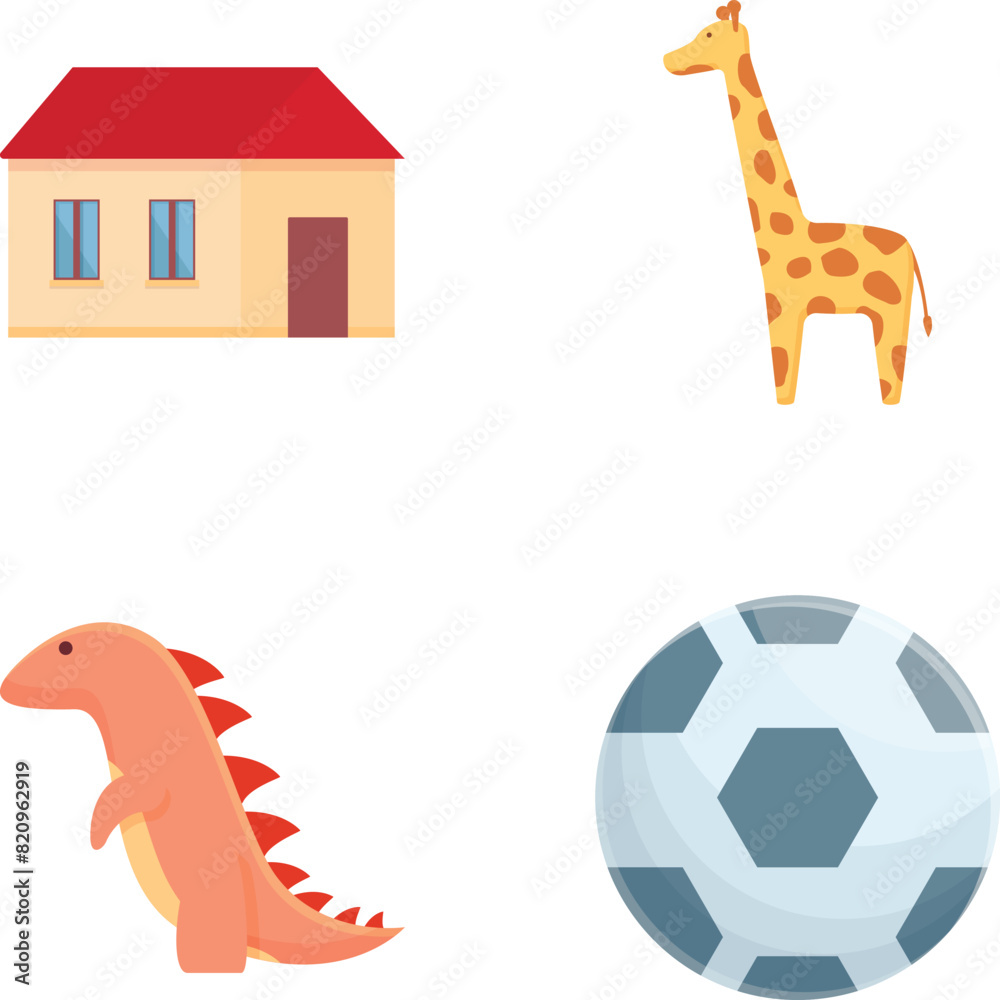 Fototapeta premium Kid toy icons set cartoon vector. Various colorful children toy. Childhood concept