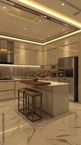 a modern kitchen  featuring cabinets  a wooden-topped central island  and wooden stools with green cushions  bathed in natural light from large windows and subtle lighting fixtures.