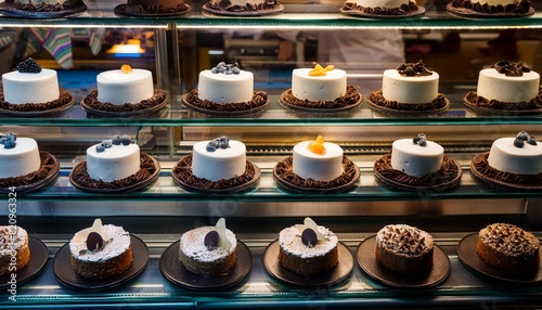 small cakes on display at the patisserie counter photo