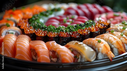 Close-up of a sushi platter with an assortment of rolls and sashimi, highlighting the precision and beauty of Japanese cuisine. List of Art Media Photograph inspired by Spring magazine