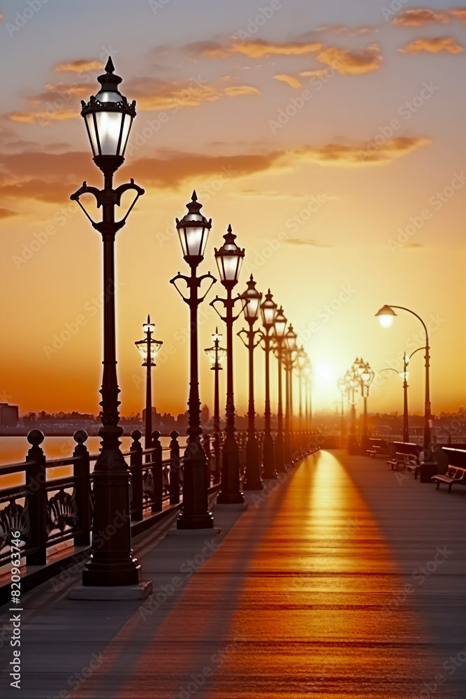Obraz premium A serene sunset at a pier with ornate lampposts, casting long shadows and a golden glow on the pathway