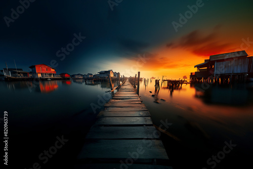 A serene dock leads to stilt houses under a dramatic, colorful sunset and darkening skies, reflecting on calm waters photo