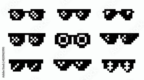 Pixel boss glasses set. Gangster, bandit glasses. Vector Illustration of pixel sunglasses in 8 bit style. Like a boss meme. Pixelated black eyeglass frame
