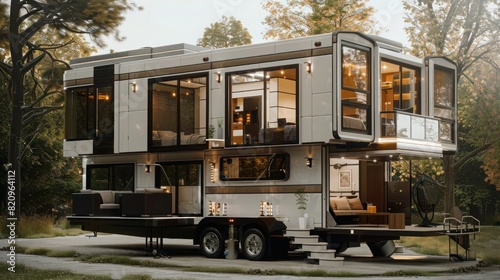 Step into the future of mobile living with our high-detail 3D model of a two-story smart home on wheels, equipped with state-of-the-art amenities and conveniences