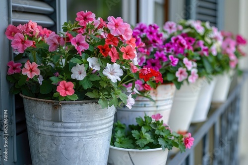 A balcony corner decorated with vintage-inspired white metal buckets filled with cascading geraniums  verbena  and bacopa  creating a picturesque and nostalgic floral display