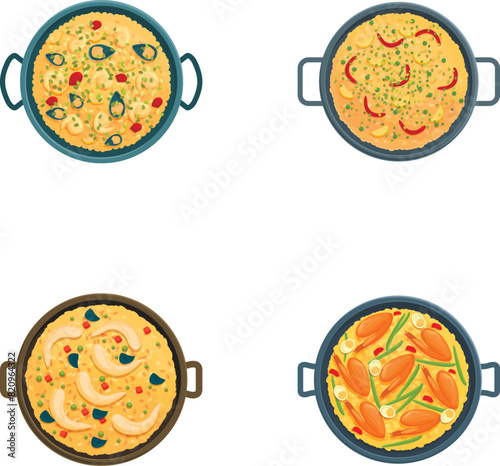Paella icons set cartoon vector. Tasty paella with seafood. Traditional spanish food