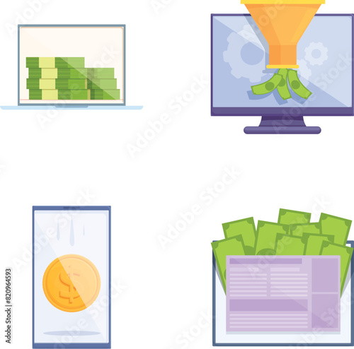 Monetization icons set cartoon vector. Way to make money online. Modern technology