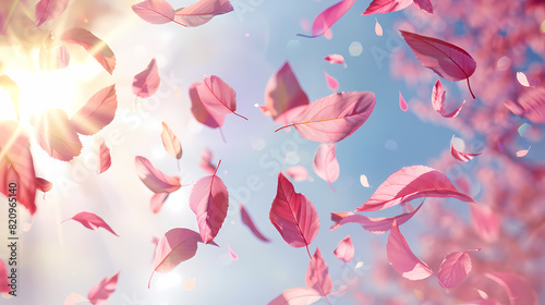 Flying leaves effect with mild sunbeam in 3d illustration vector