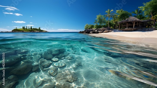 Panoramic view of beautiful tropical beach at Seychelles