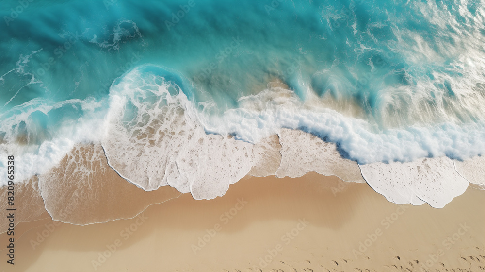 Aerial photo of ocean waves lapping onto a tropical beach 16:9 ratio 