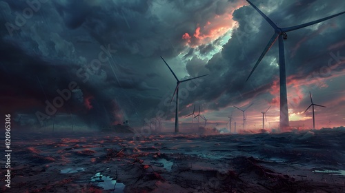 A desolate, windswept plain, where giant wind turbines rise ominously against a dark, stormy sky, representing the fusion of nature's fury and human ingenuity