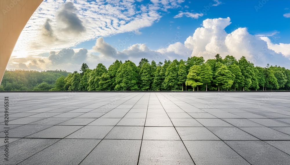 empty square floor and green forest with sky clouds background panoramic view