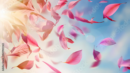 Flying leaves effect with mild sunbeam in 3d illustration vector