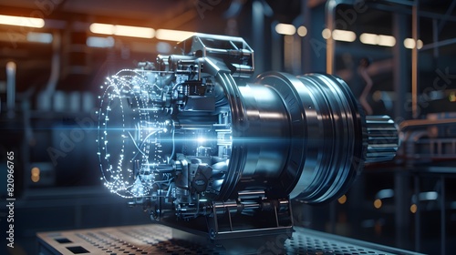 A sleek, modern engine part rotating slowly in a dark space, with laser-like lights tracing its contours and highlighting its advanced technology