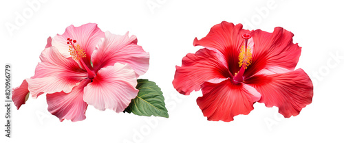 Close-up of two vibrant hibiscus flowers  one pink and one red  isolated on a white background  showcasing their detailed and colorful petals.