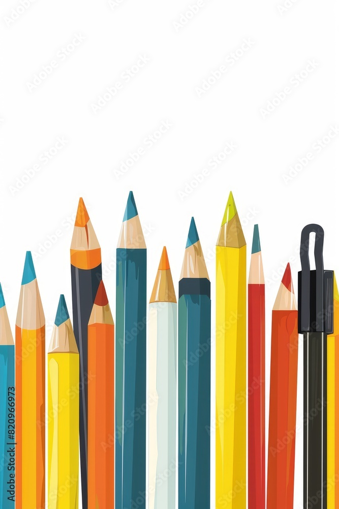 A minimalist illustration of classic pencils and pens standing upright, isolated on a solid white background, ideal for stationery or office-related designs. A minimalist illustration of classic pencils and pens standing upright, isolated on a solid white background, ideal for stationery or office-related designs.