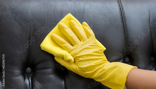 Closeup woman hand in yellow glove cleaning black leather sofa