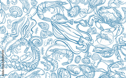 Isolated vector set of seafood. Shrimps, langoustines, prawns, salmon, trout, oysters, mussels, squid, crab, lemon, octopus, rosemary, sea urchin. Hand-drawn seafood delicacy, restaurant and marine.